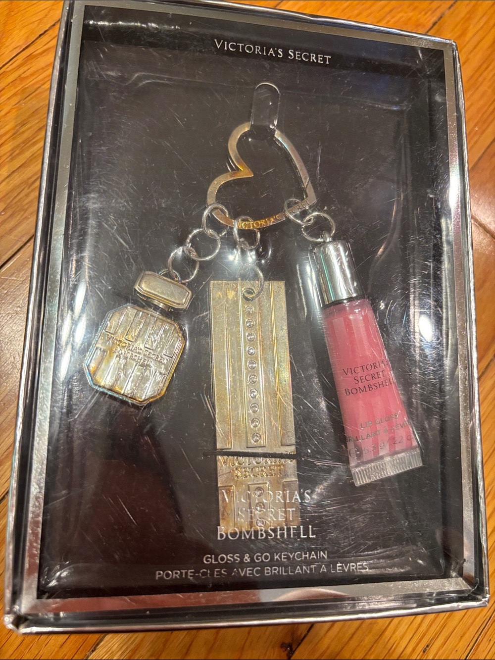 VeryRare vintage Victoria's Secret Bombshell Pink lipgloss & Gold Charm keychain